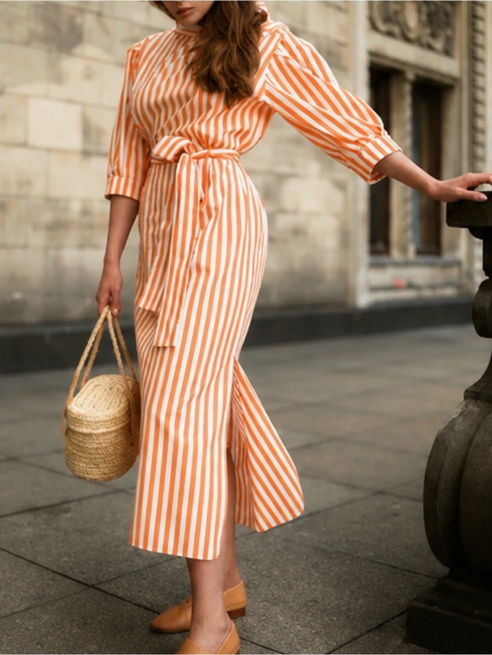 Zara Woman Striped Orange Tie-Waist Midi Dress Size M